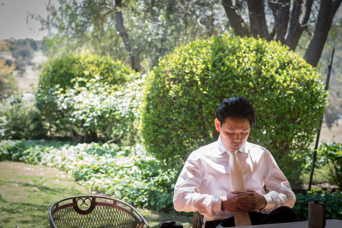 groom waiting pensively for wedding. Quiet moment