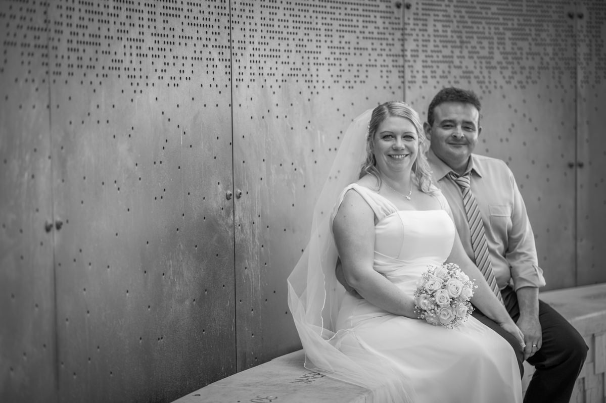 Black and white photo of bride and groom at Marlee pavilion