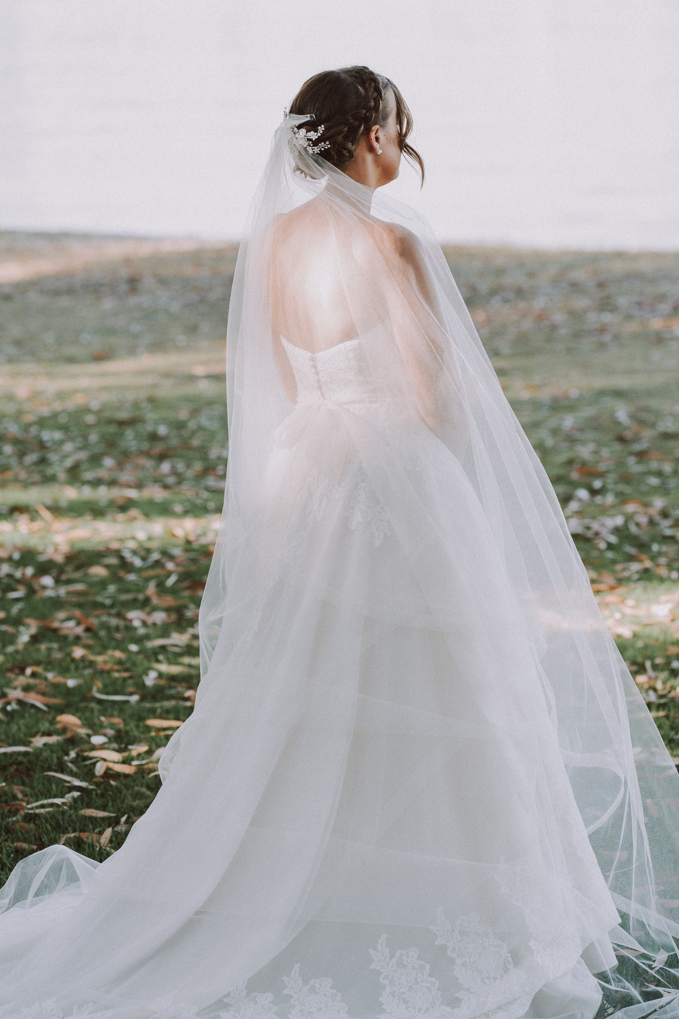 back view of the bride with her long veil